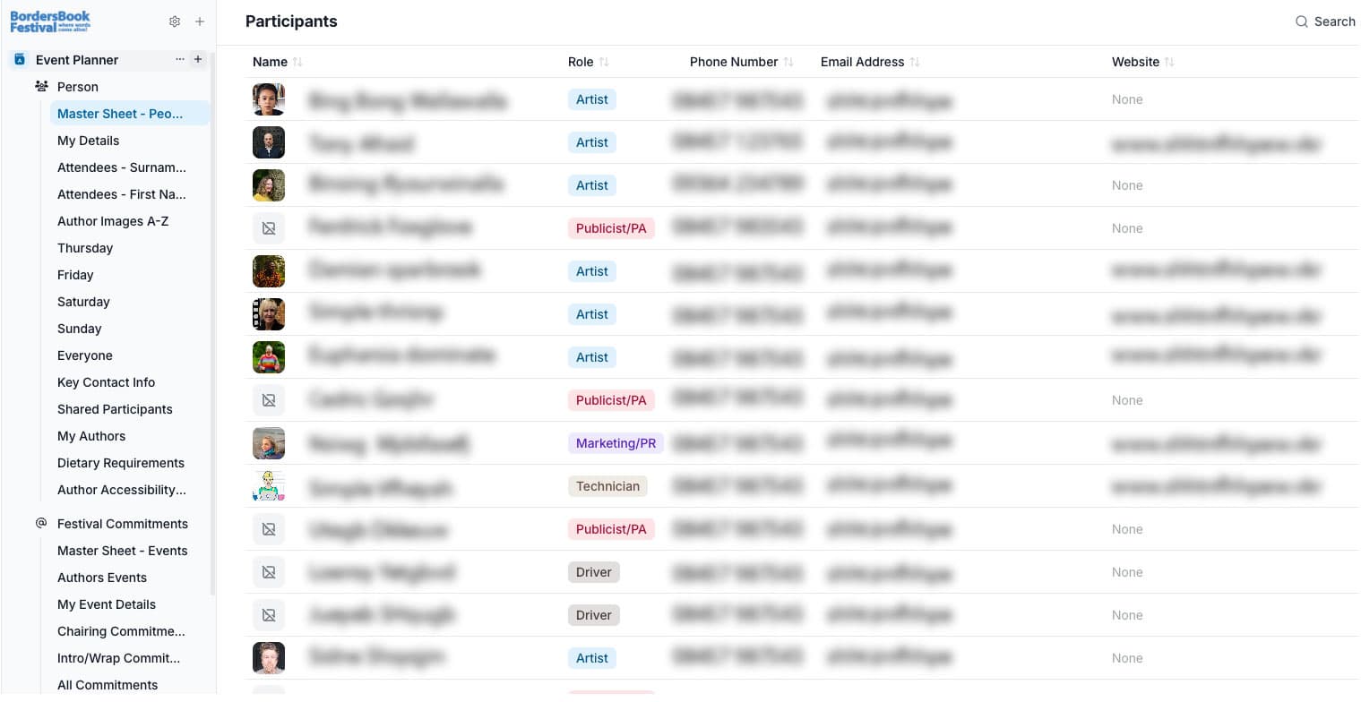 Screenshot of master sheet view