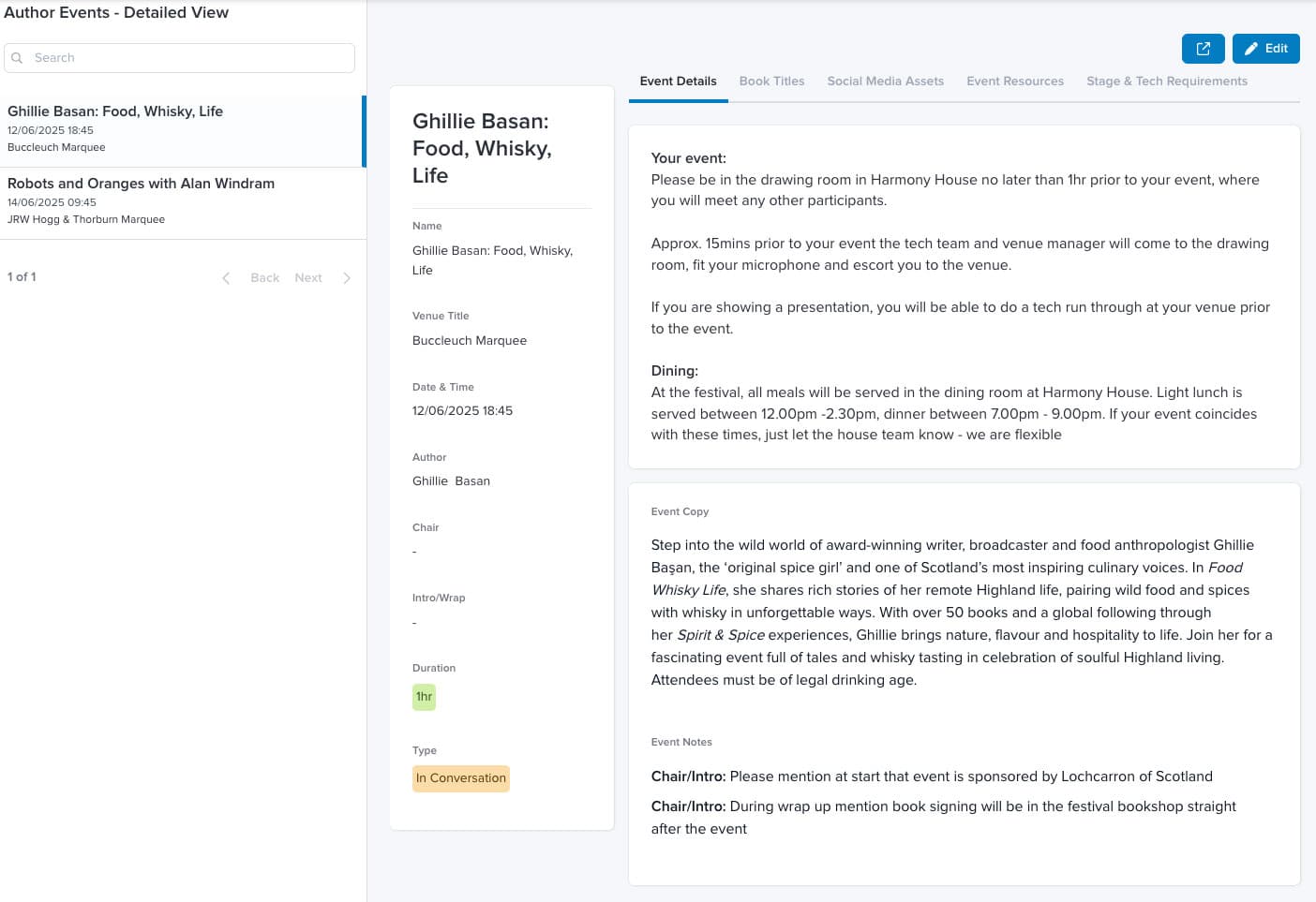 Screenshot of Author Events view