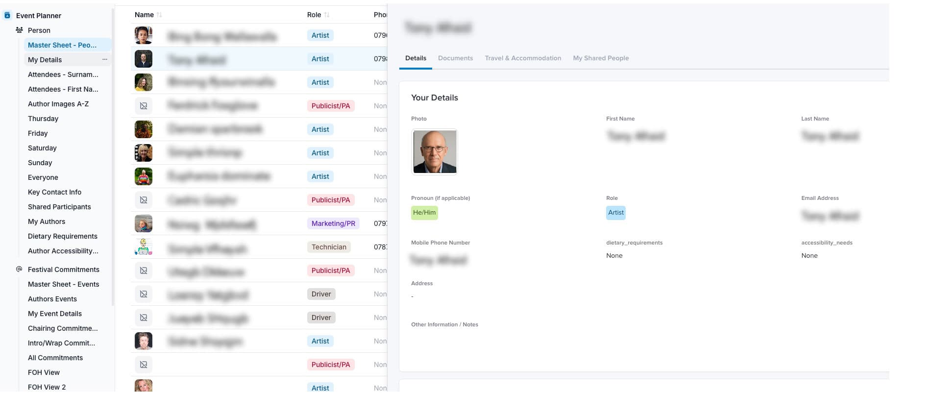 Screenshot of the my events view