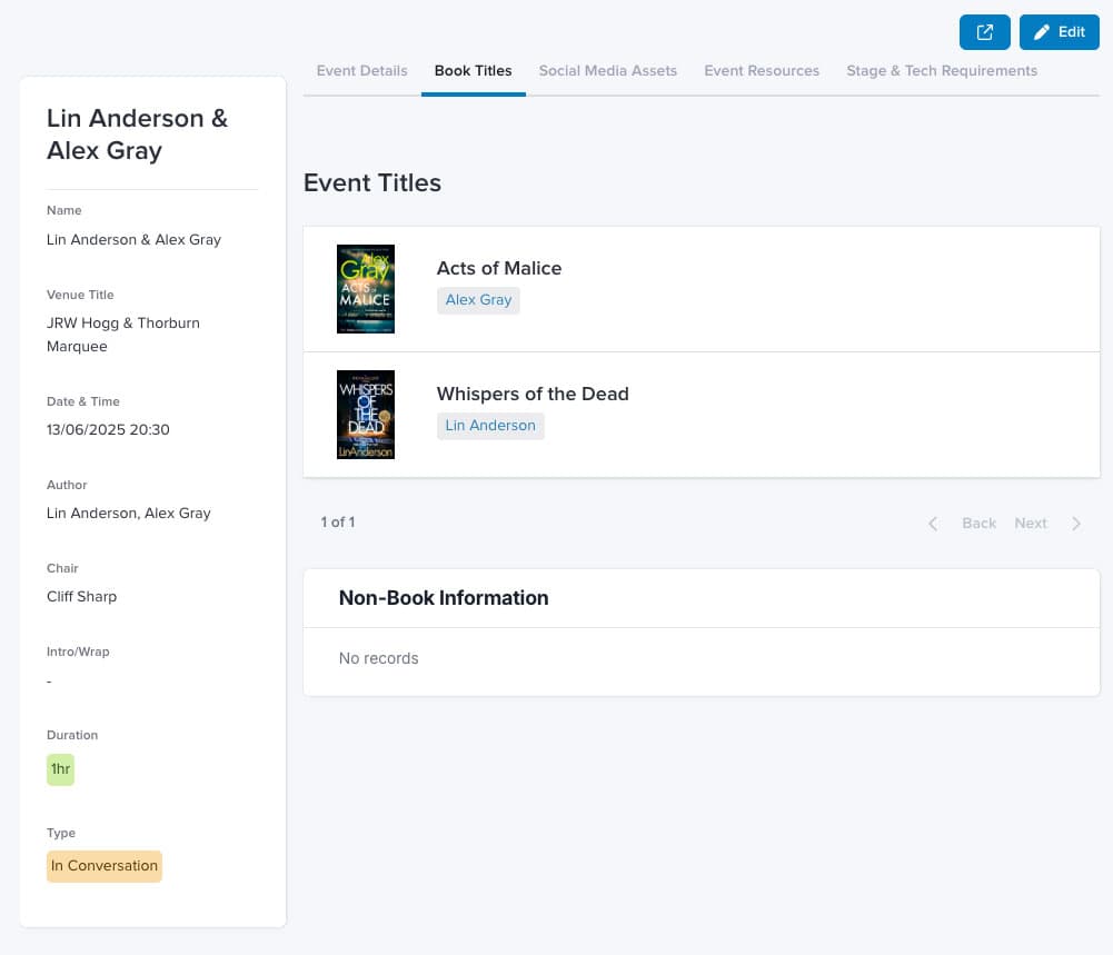 Screenshot of Event Titles Author View