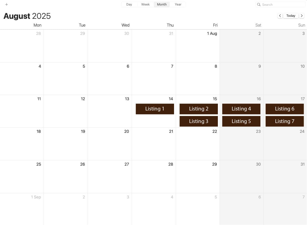 Screenshot of the my events view