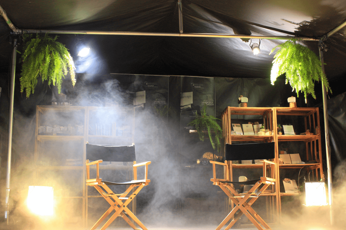 Atmospheric festival stage with director's chairs and hanging ferns