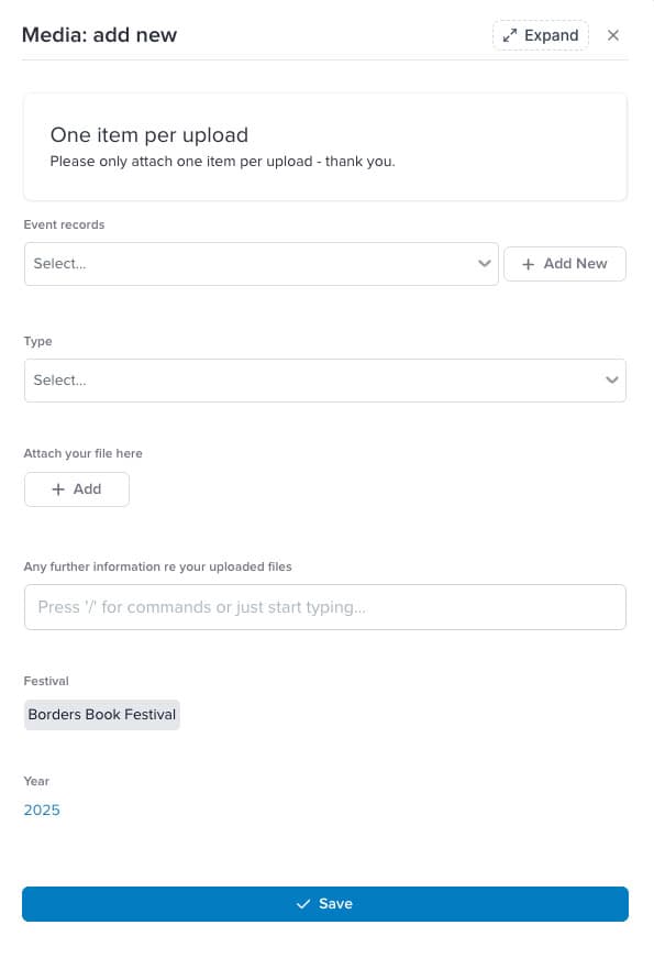 Screenshot of the create media view