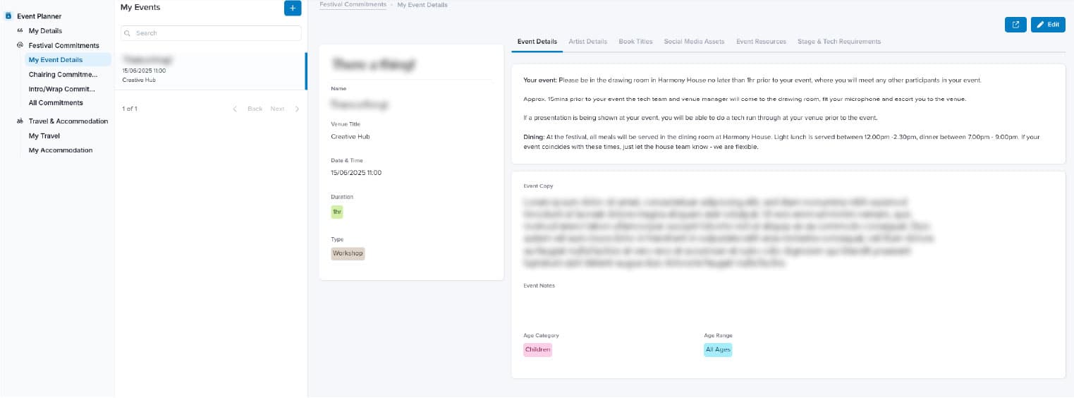 Screenshot of the my events view