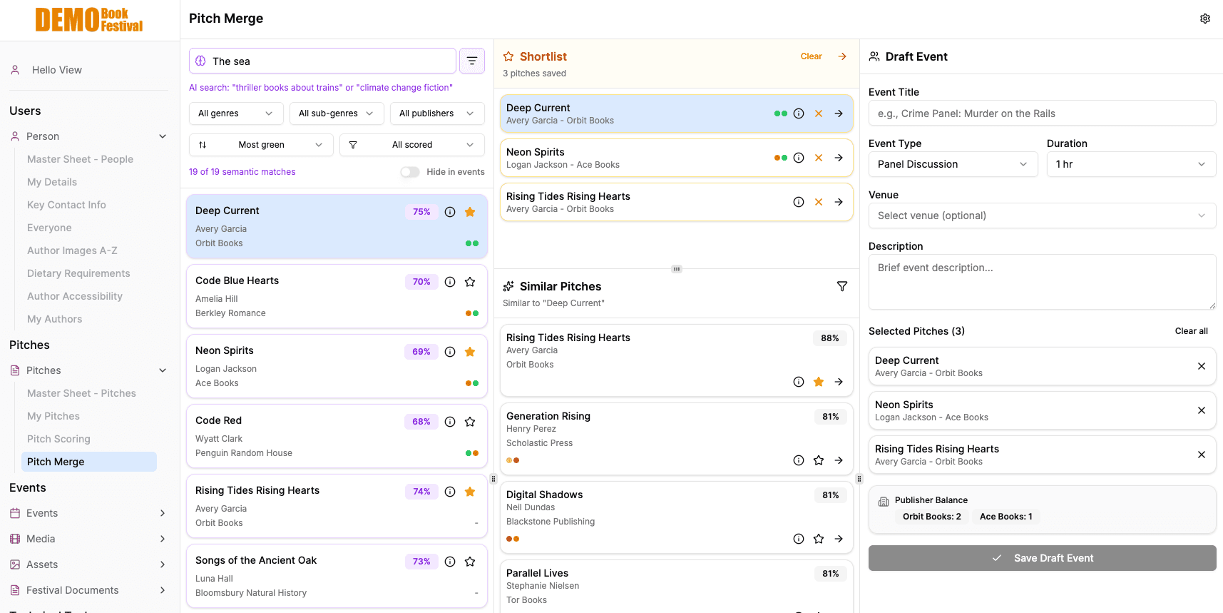 Pitch Merge showing semantic search for 'The sea' with relevance percentages and draft event builder