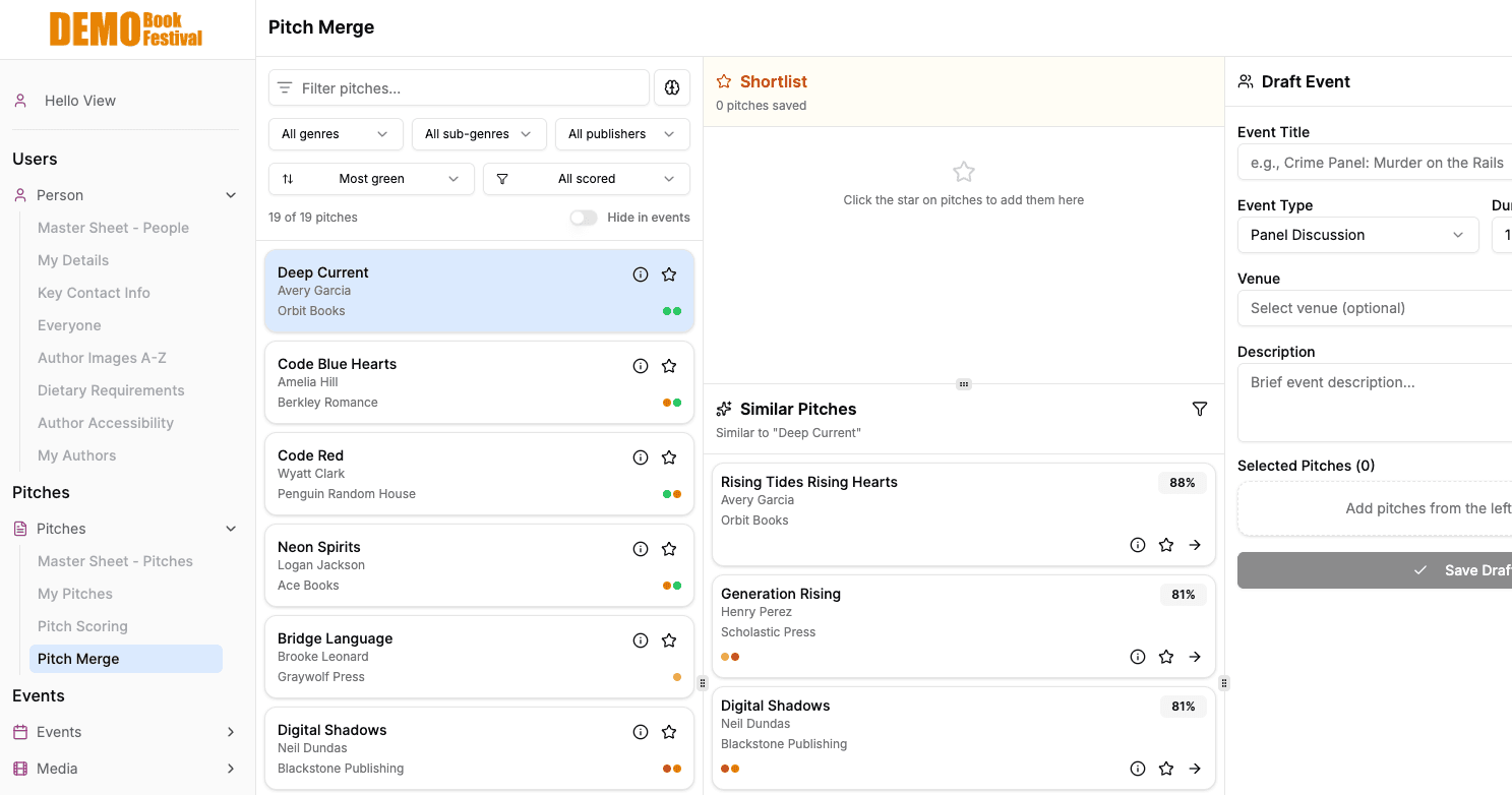 Pitch Merge showing similar pitches panel with percentage match scores