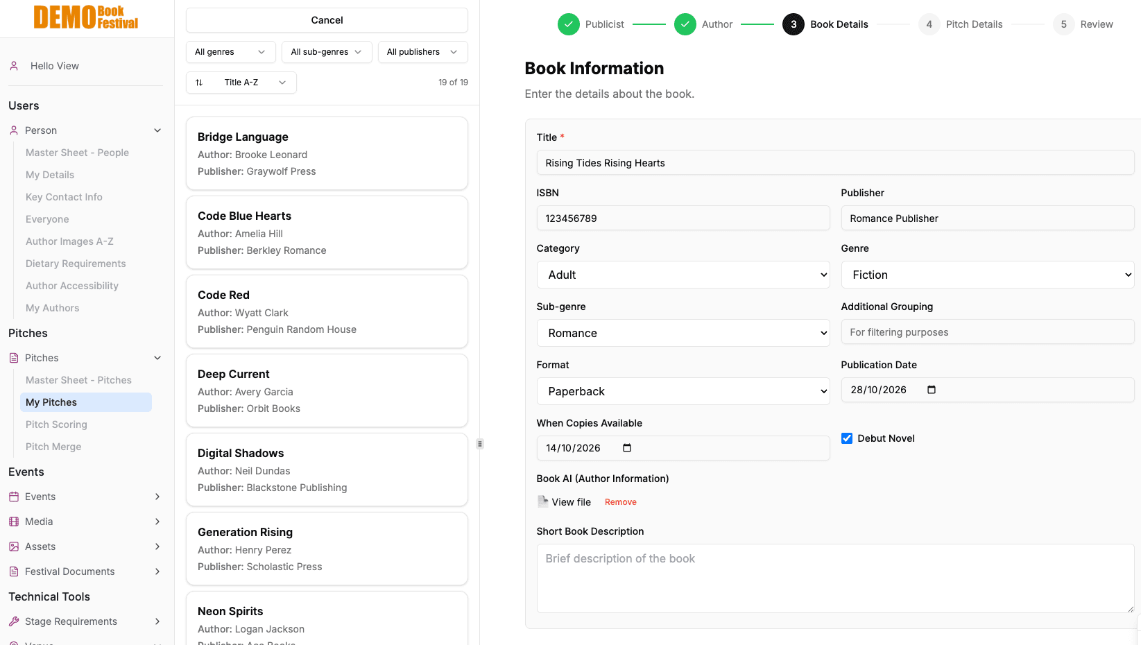 Pitch submission form showing book details, genre, publisher, and publication date fields