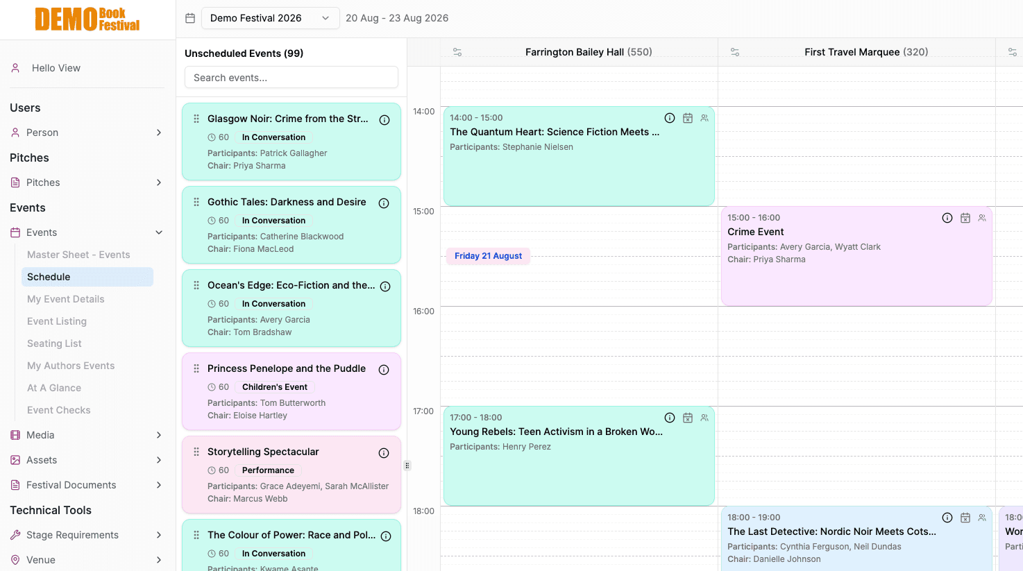Schedule view showing events placed across venue columns and time slots