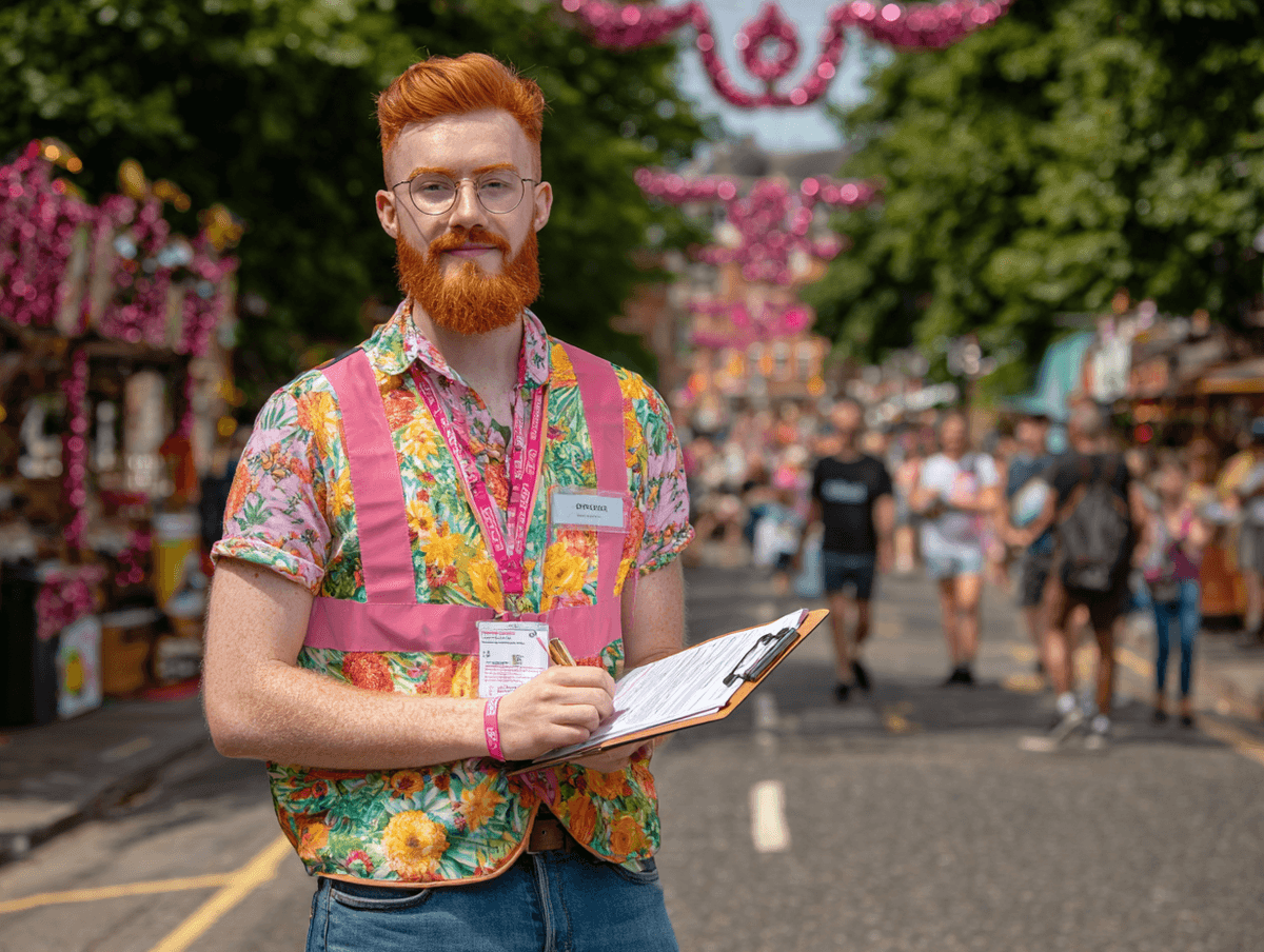 Festival organiser with clipboard at a literary festival