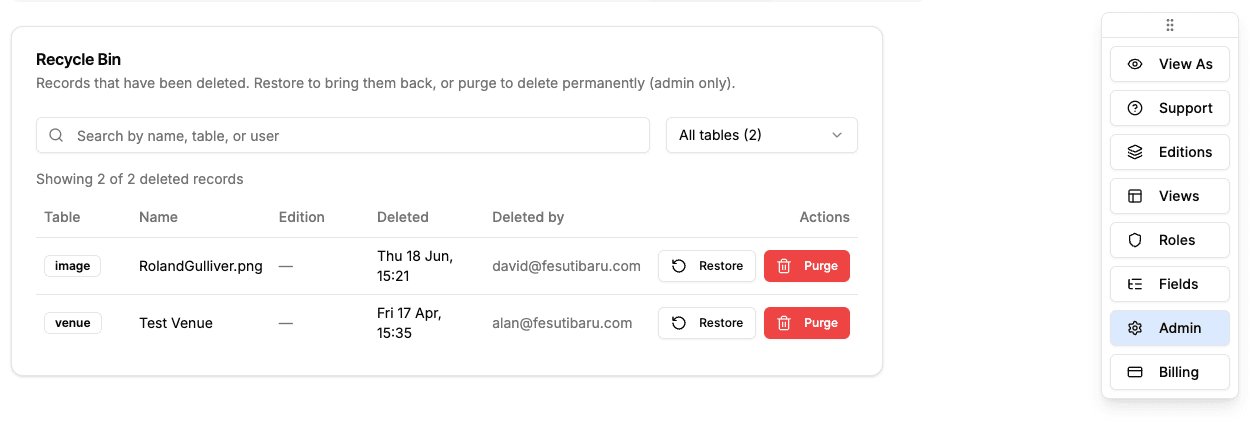 Recycle bin and audit log showing deleted records and a change history