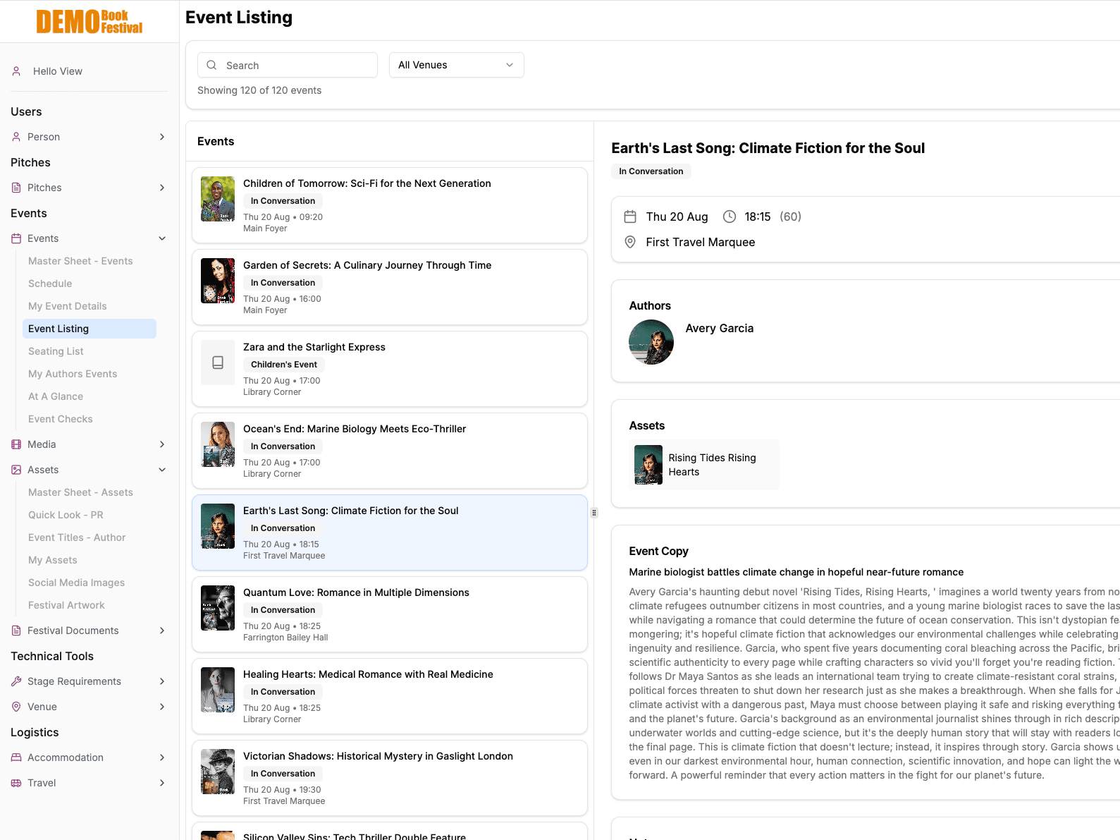 Planner event listing showing linked events, authors, venues, and event copy