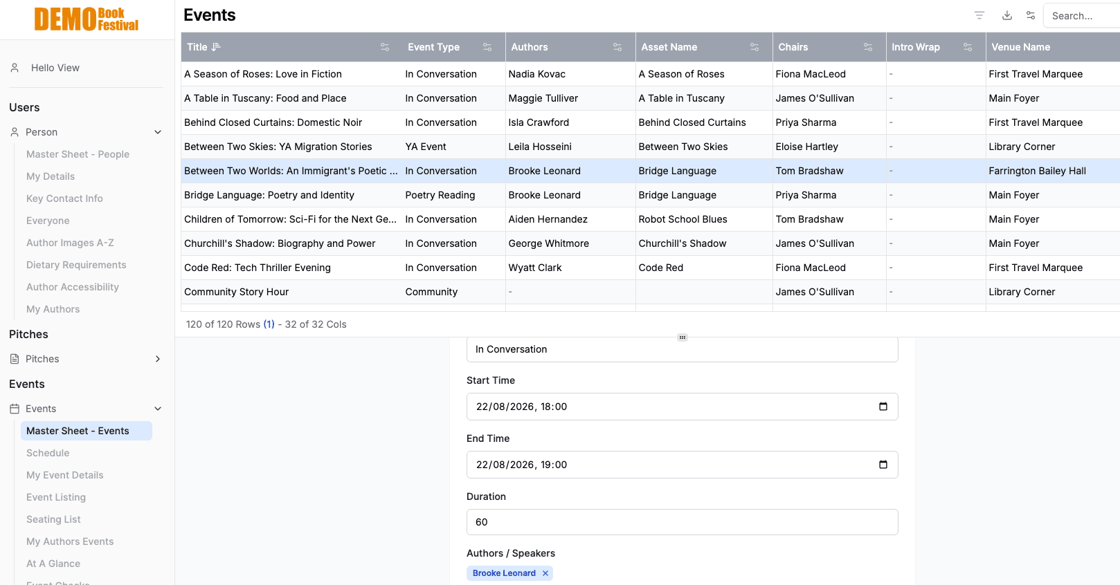 Master events sheet showing linked authors, venues, chairs, and event types