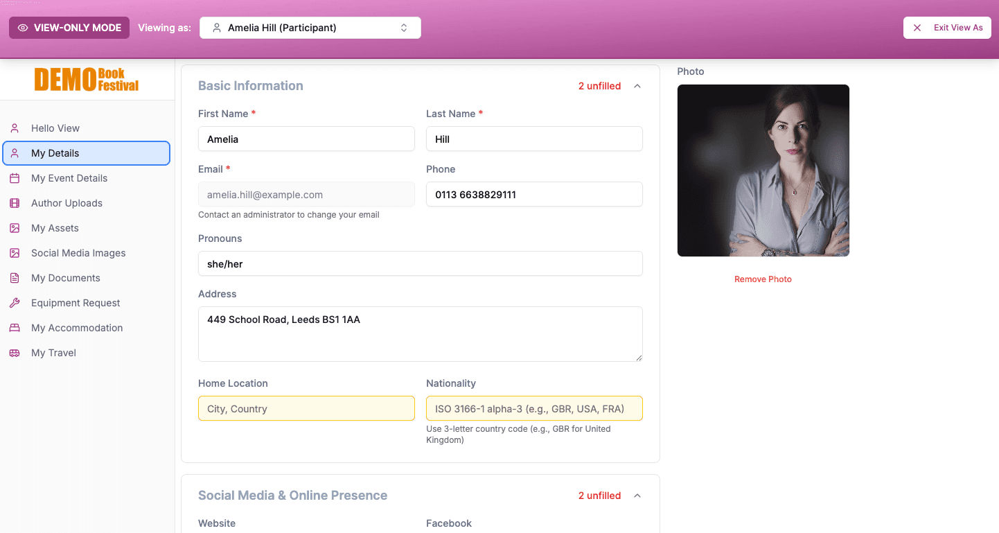 Author participant view showing personal details and a simplified sidebar