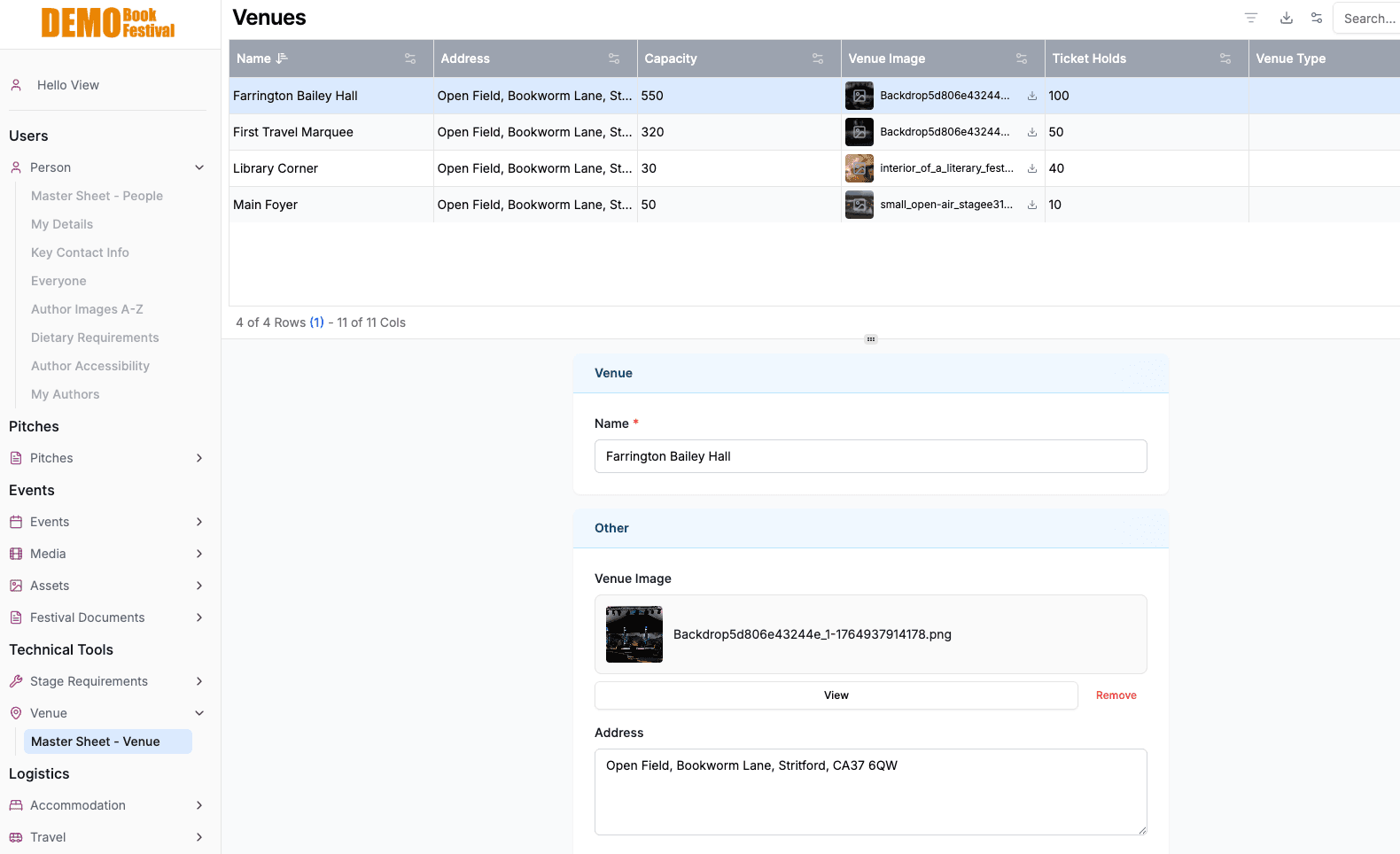 Venues table with capacity, images, and detail panel