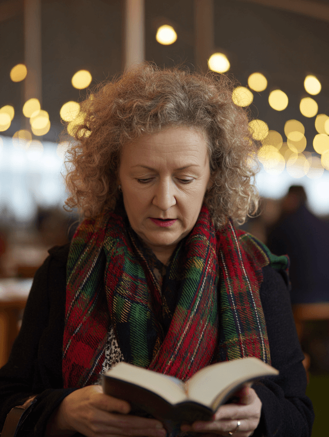 Festival reader under warm lights